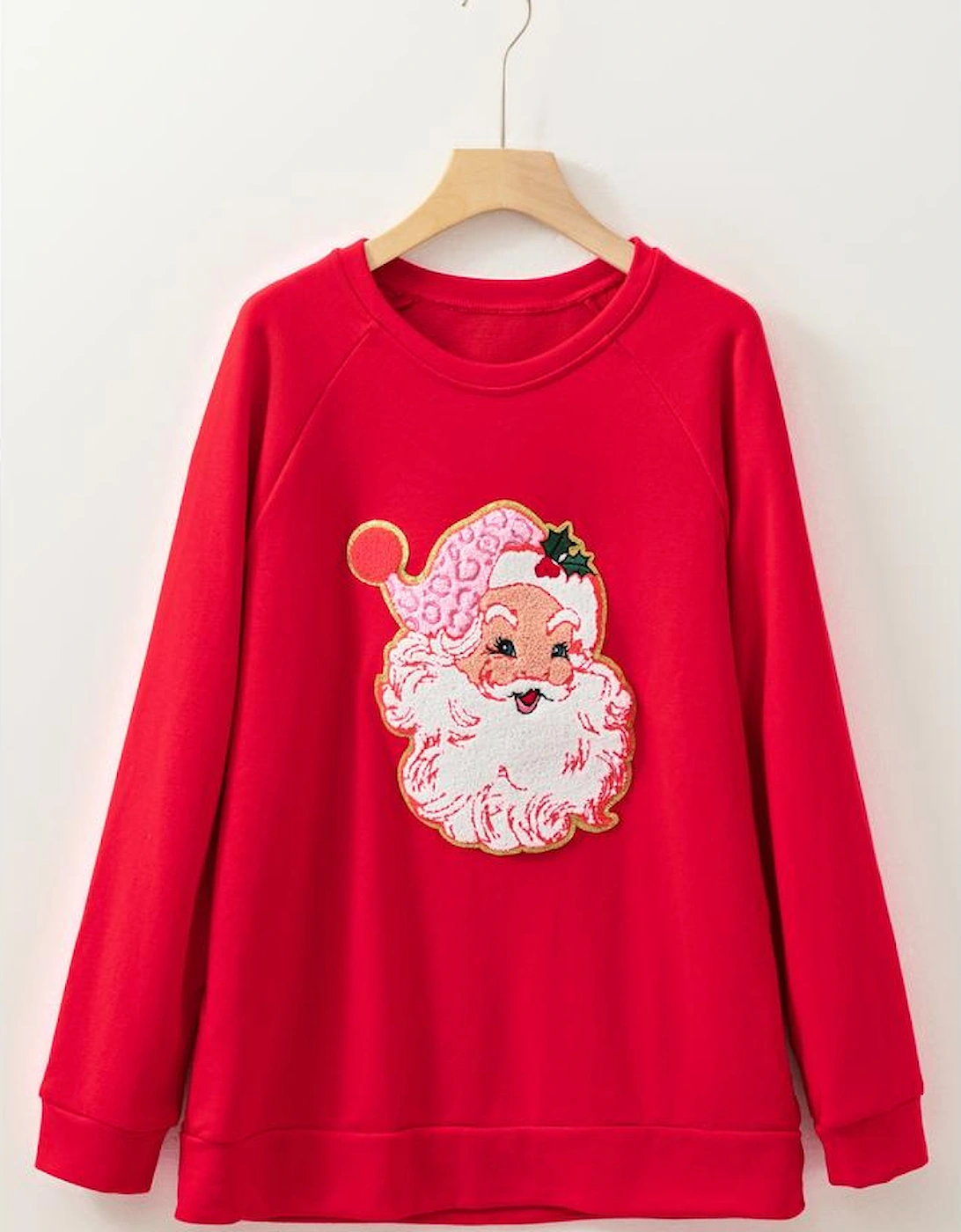 Red Santa Claus Graphic Crewneck Raglan Sleeve Christmas Sweatshirt