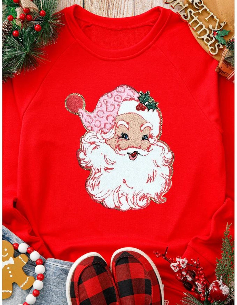 Red Santa Claus Graphic Crewneck Raglan Sleeve Christmas Sweatshirt