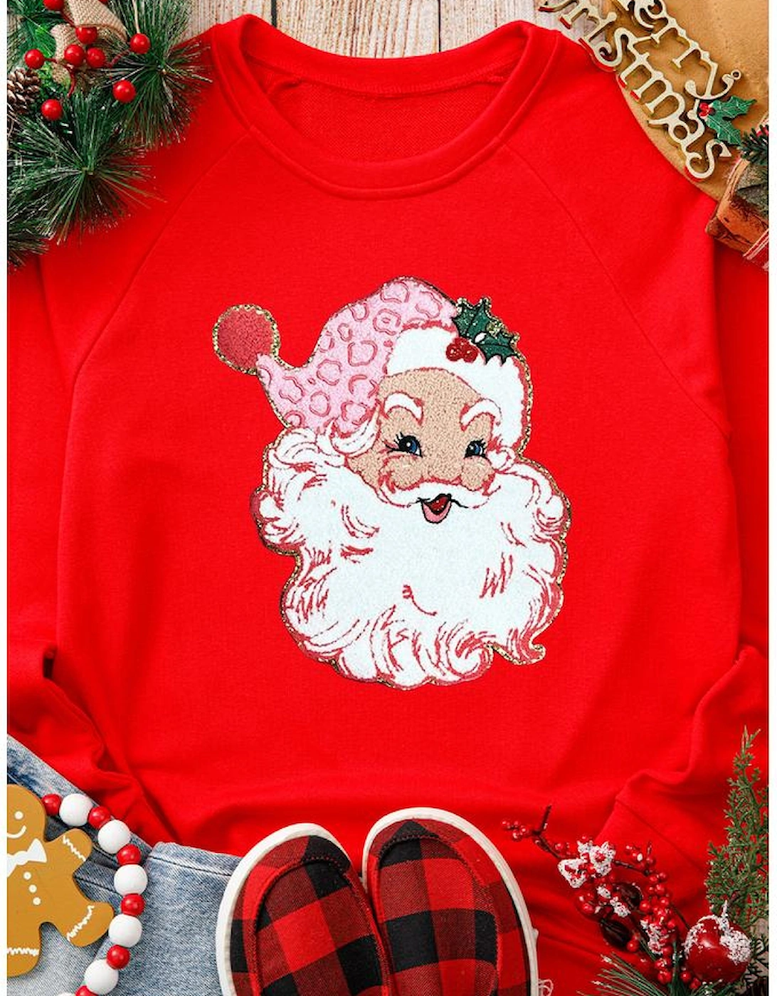 Red Santa Claus Graphic Crewneck Raglan Sleeve Christmas Sweatshirt