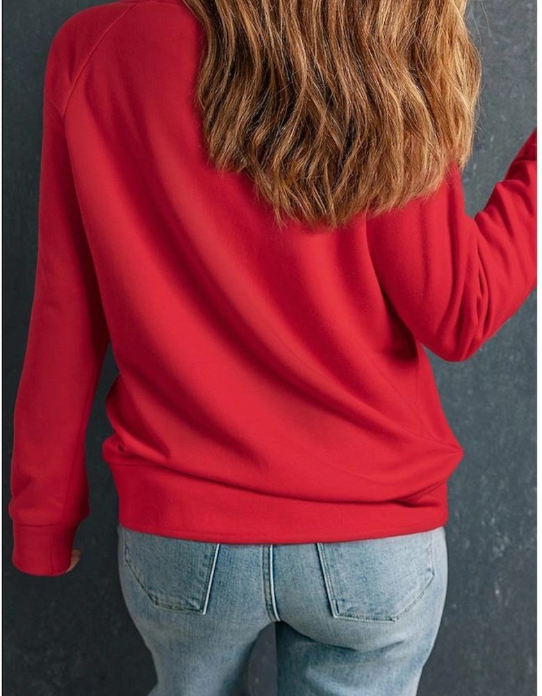 Red Santa Claus Graphic Crewneck Raglan Sleeve Christmas Sweatshirt