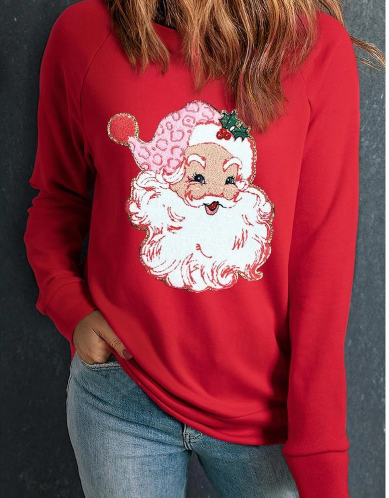 Red Santa Claus Graphic Crewneck Raglan Sleeve Christmas Sweatshirt