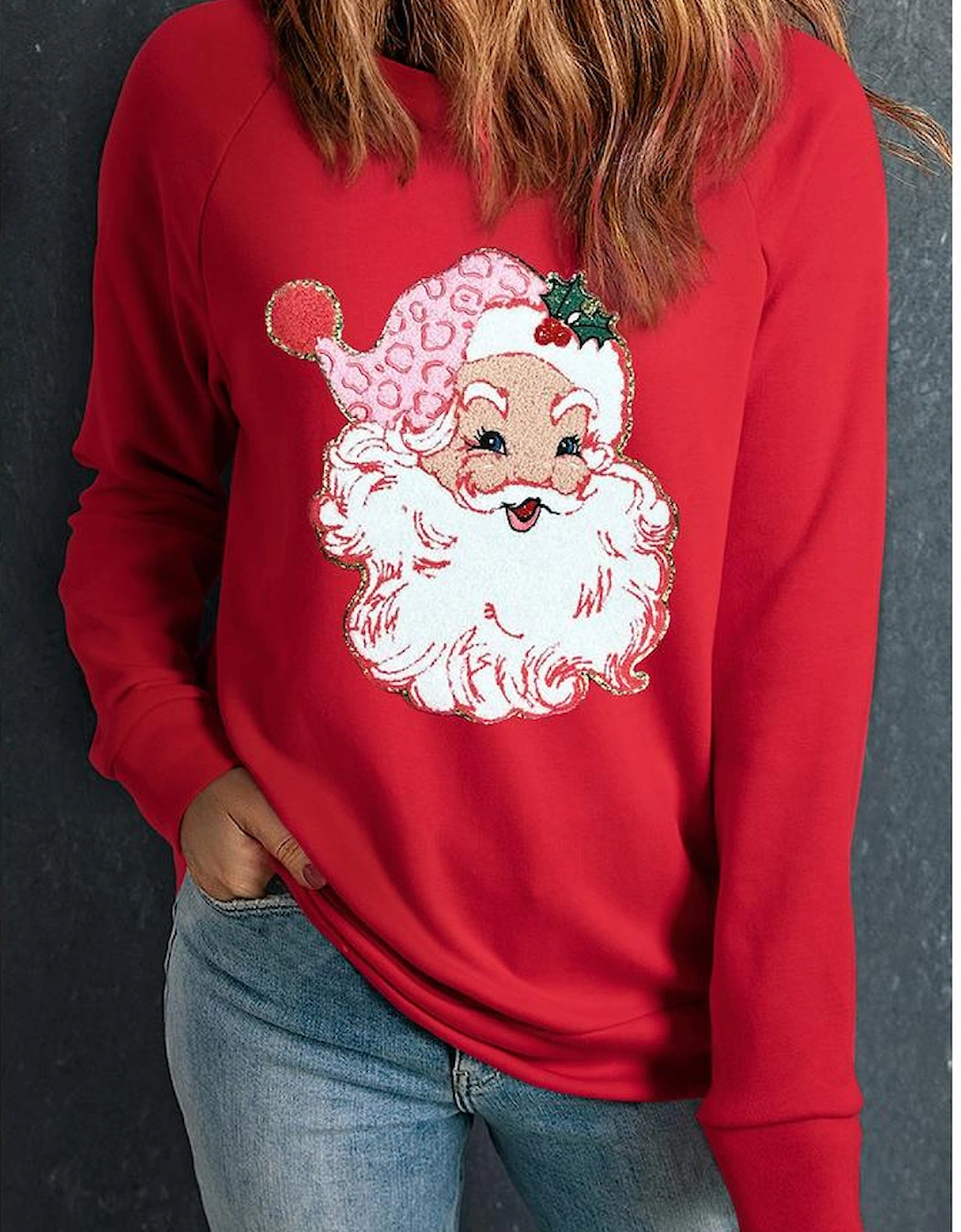Red Santa Claus Graphic Crewneck Raglan Sleeve Christmas Sweatshirt