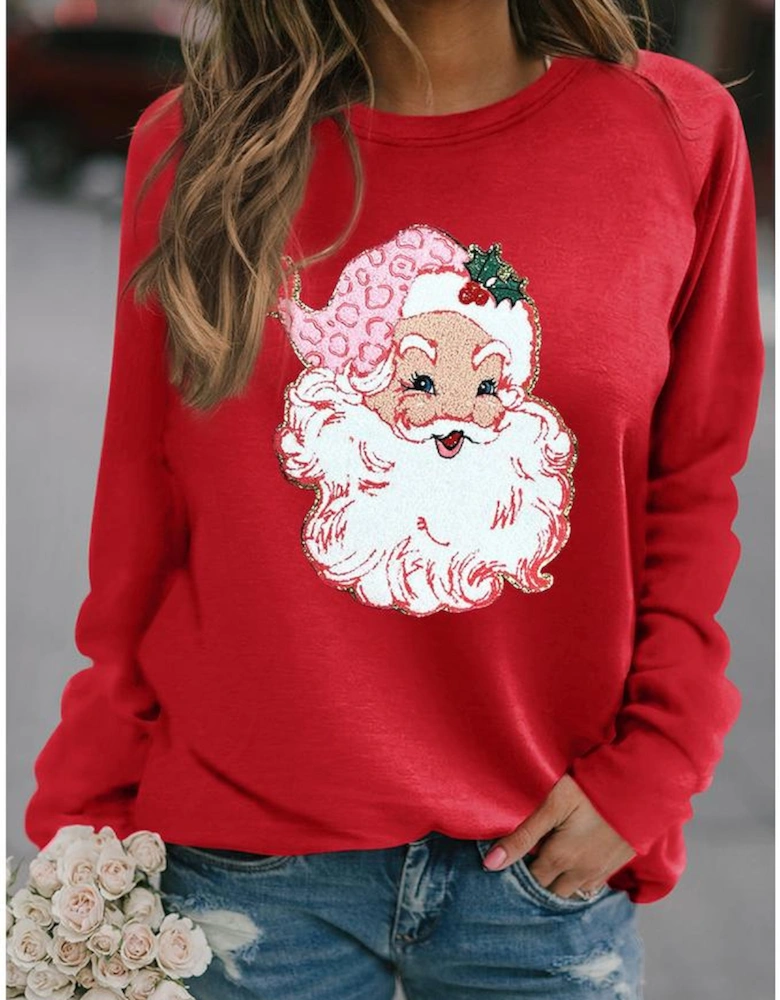 Red Santa Claus Graphic Crewneck Raglan Sleeve Christmas Sweatshirt