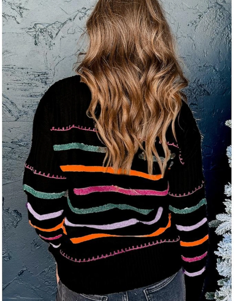 Black Colorful Striped Ribbed Trim Sweater