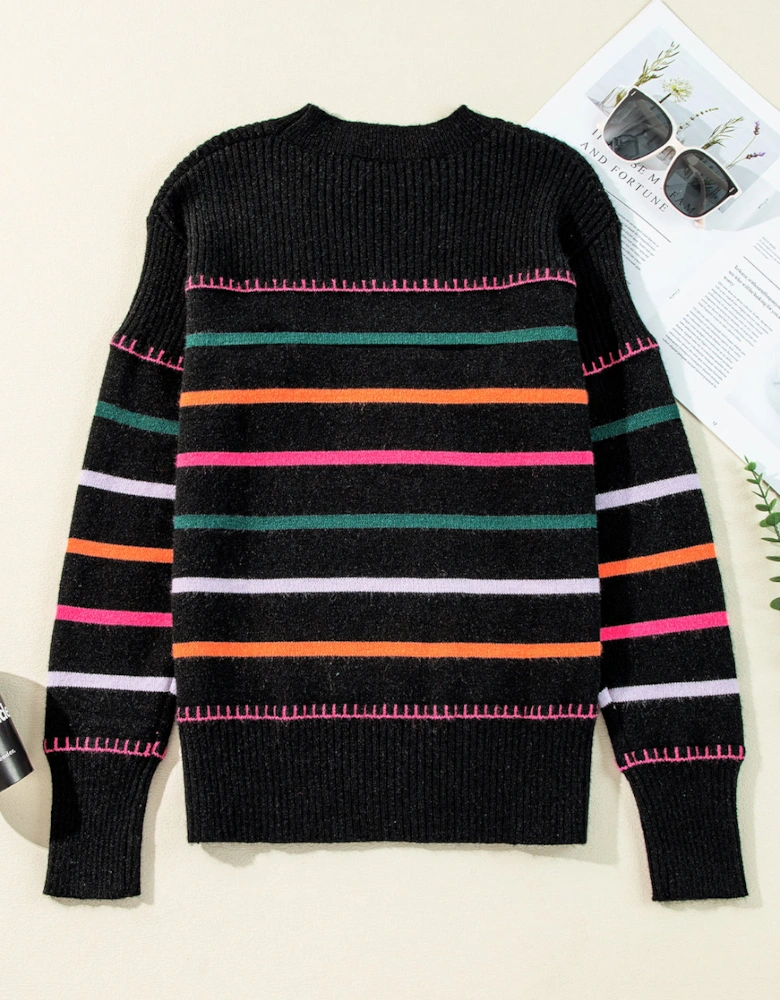 Black Colorful Striped Ribbed Trim Sweater