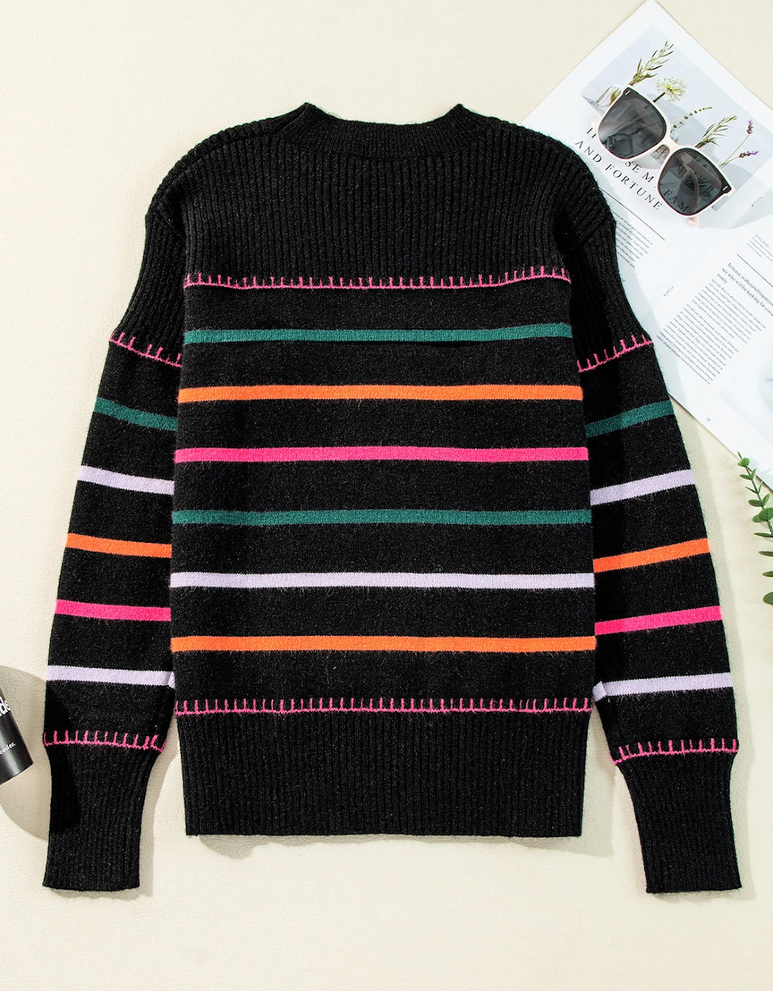 Black Colorful Striped Ribbed Trim Sweater