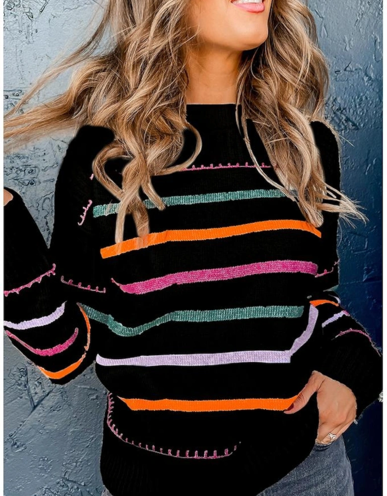 Black Colorful Striped Ribbed Trim Sweater