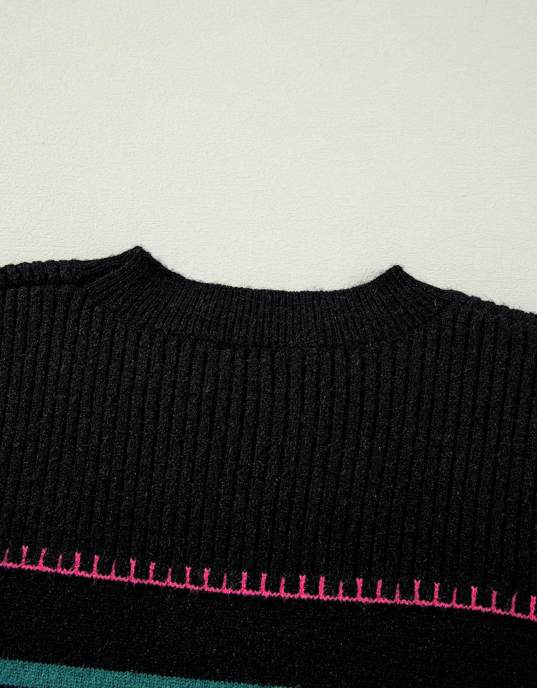 Black Colorful Striped Ribbed Trim Sweater