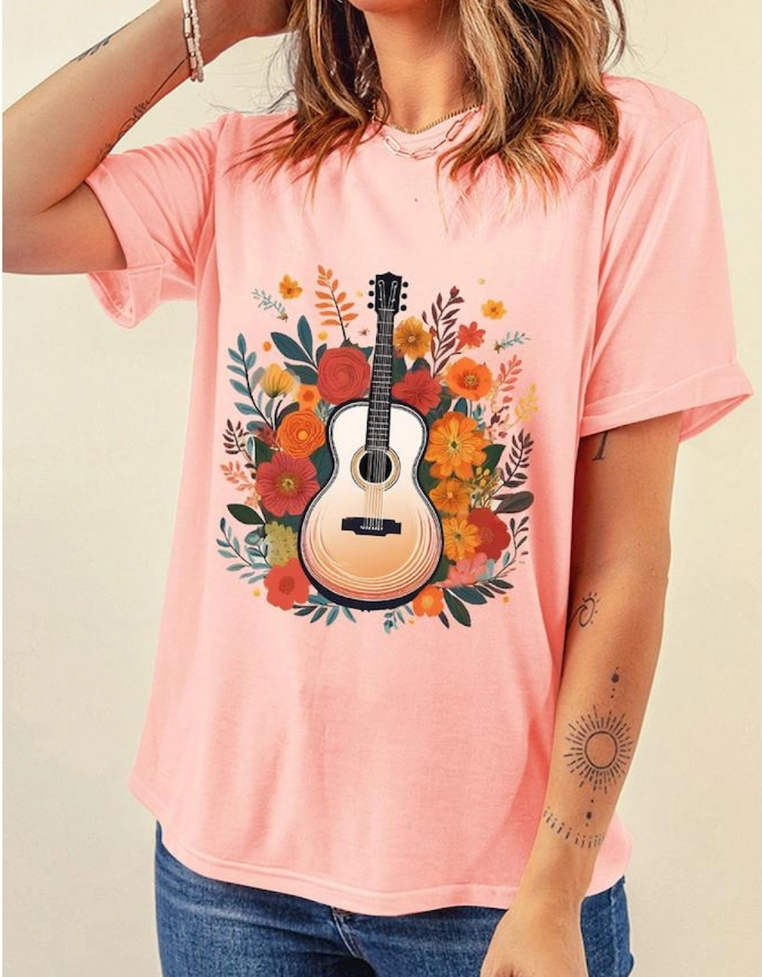 Pink Guitar Flower Print Crew Neck Loose T Shirt