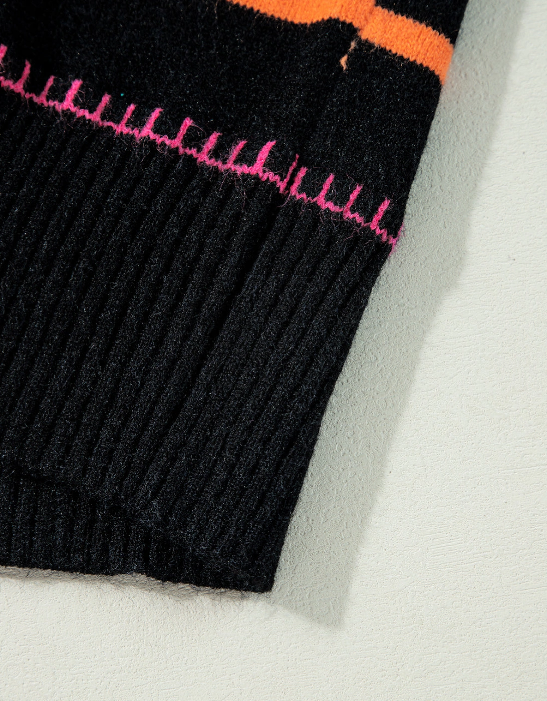 Black Colorful Striped Ribbed Trim Sweater