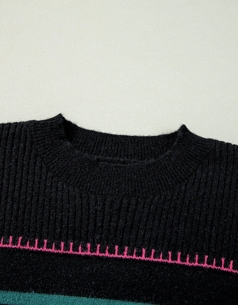 Black Colorful Striped Ribbed Trim Sweater