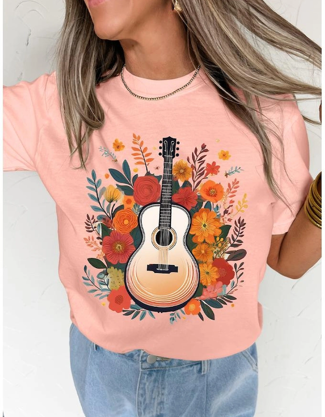 Pink Guitar Flower Print Crew Neck Loose T Shirt