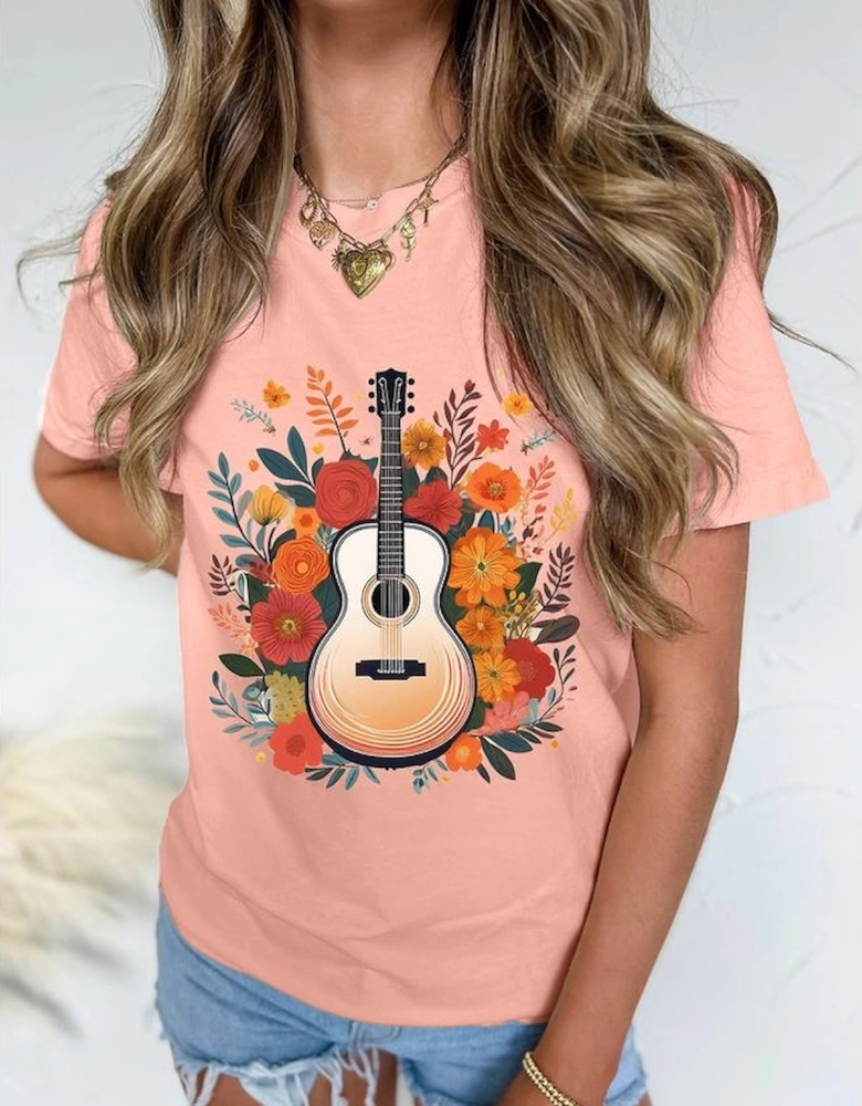 Pink Guitar Flower Print Crew Neck Loose T Shirt
