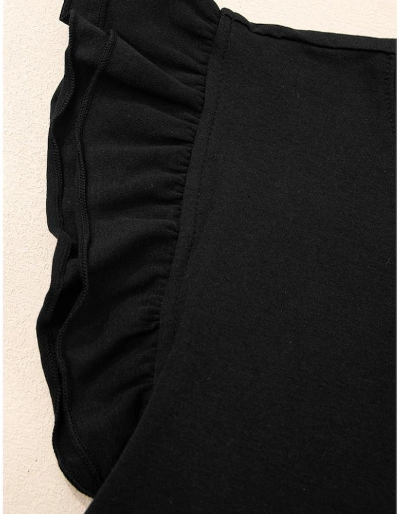 Black Ruffled Crew Neck Slim Fit Top