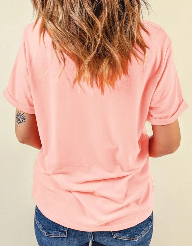 Pink Guitar Flower Print Crew Neck Loose T Shirt