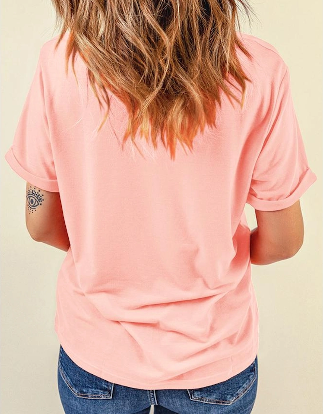 Pink Guitar Flower Print Crew Neck Loose T Shirt