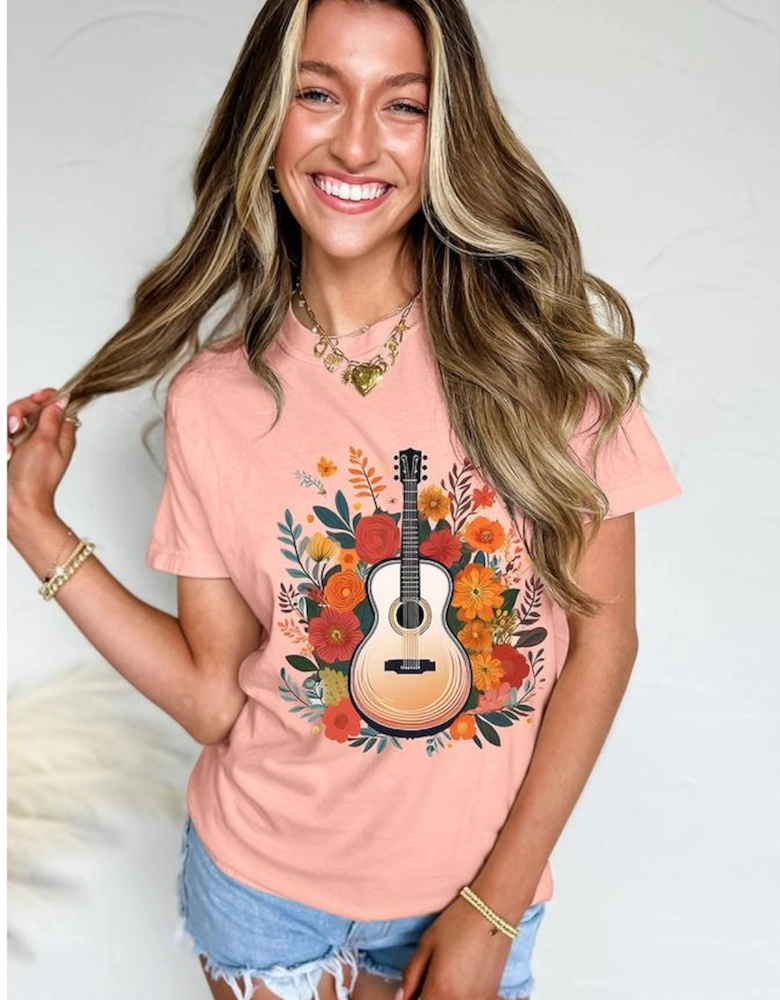 Pink Guitar Flower Print Crew Neck Loose T Shirt