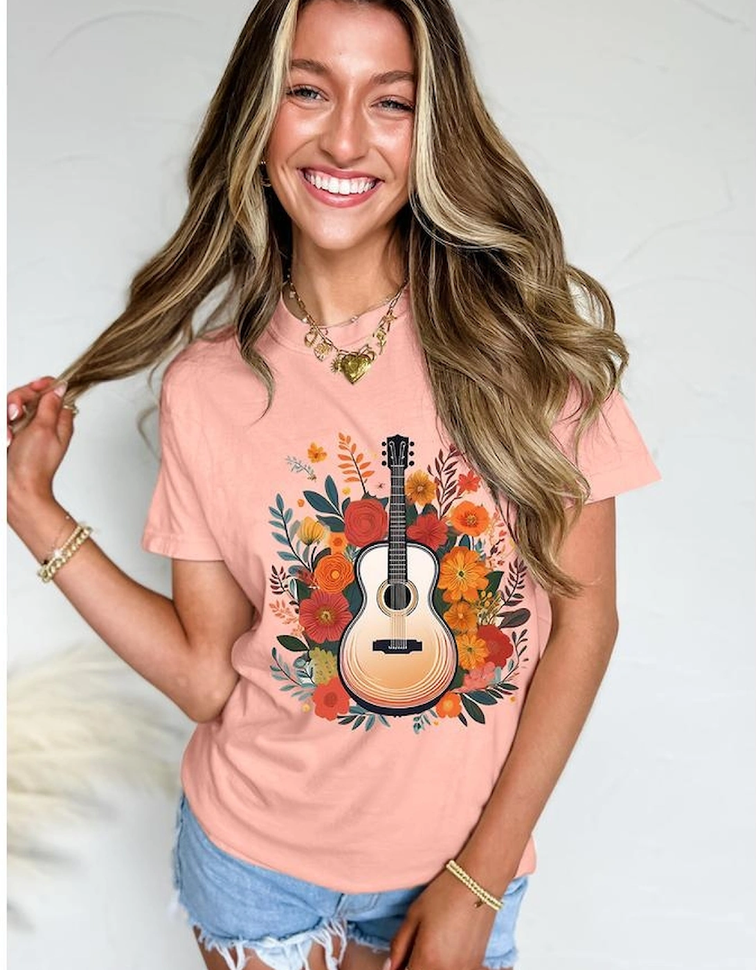 Pink Guitar Flower Print Crew Neck Loose T Shirt, 9 of 8