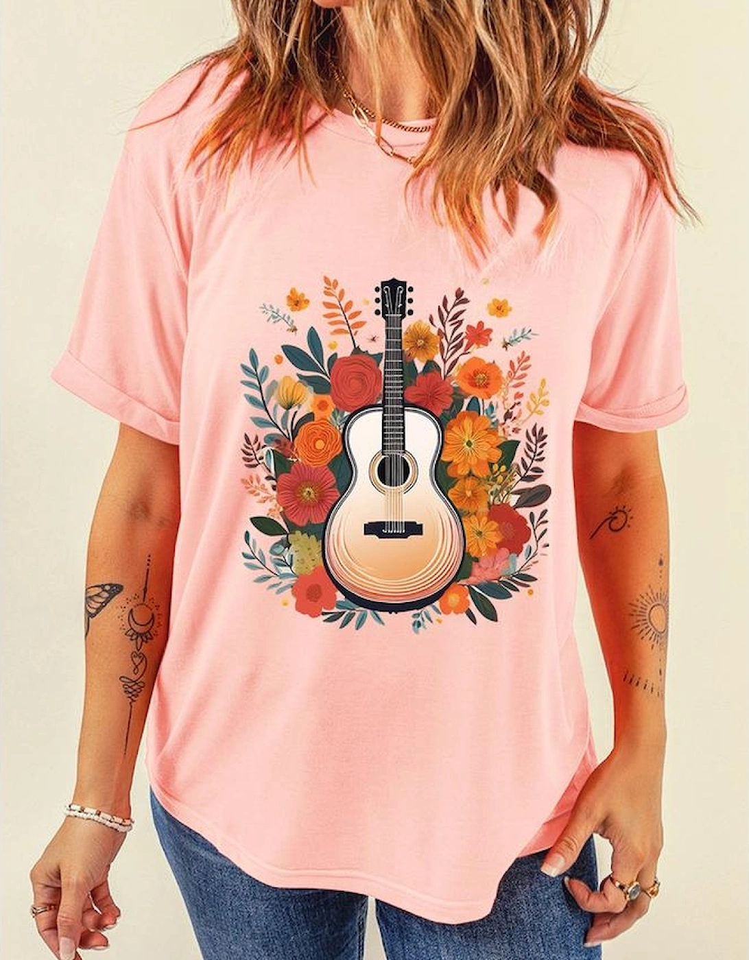 Pink Guitar Flower Print Crew Neck Loose T Shirt