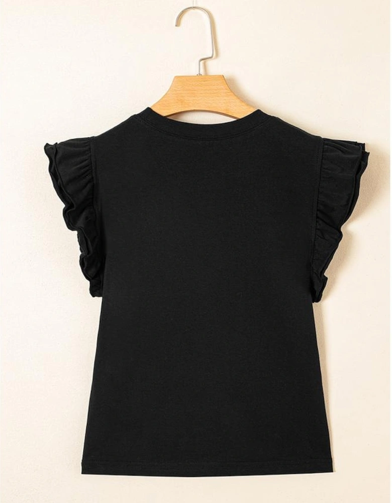 Black Ruffled Crew Neck Slim Fit Top