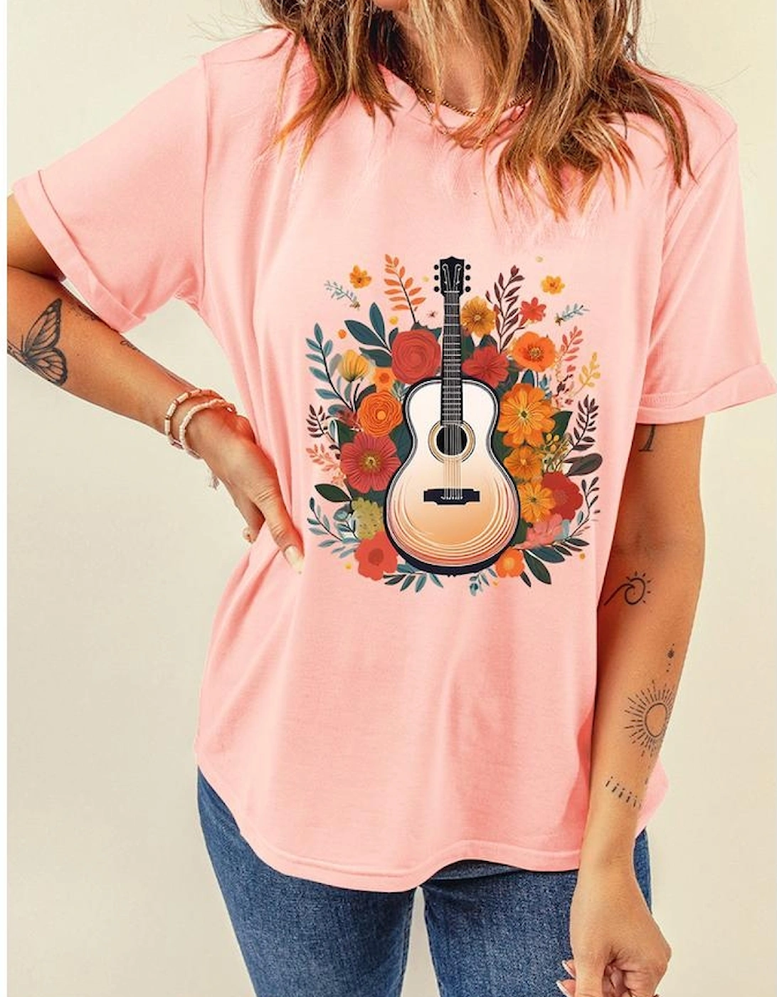 Pink Guitar Flower Print Crew Neck Loose T Shirt