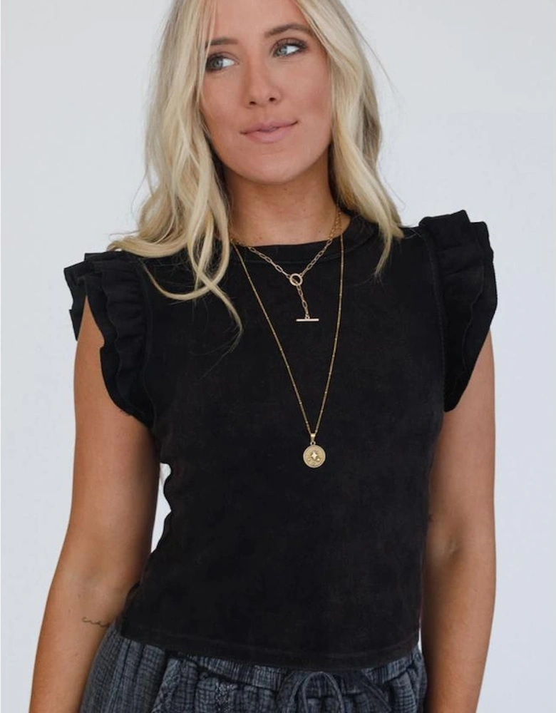 Black Ruffled Crew Neck Slim Fit Top