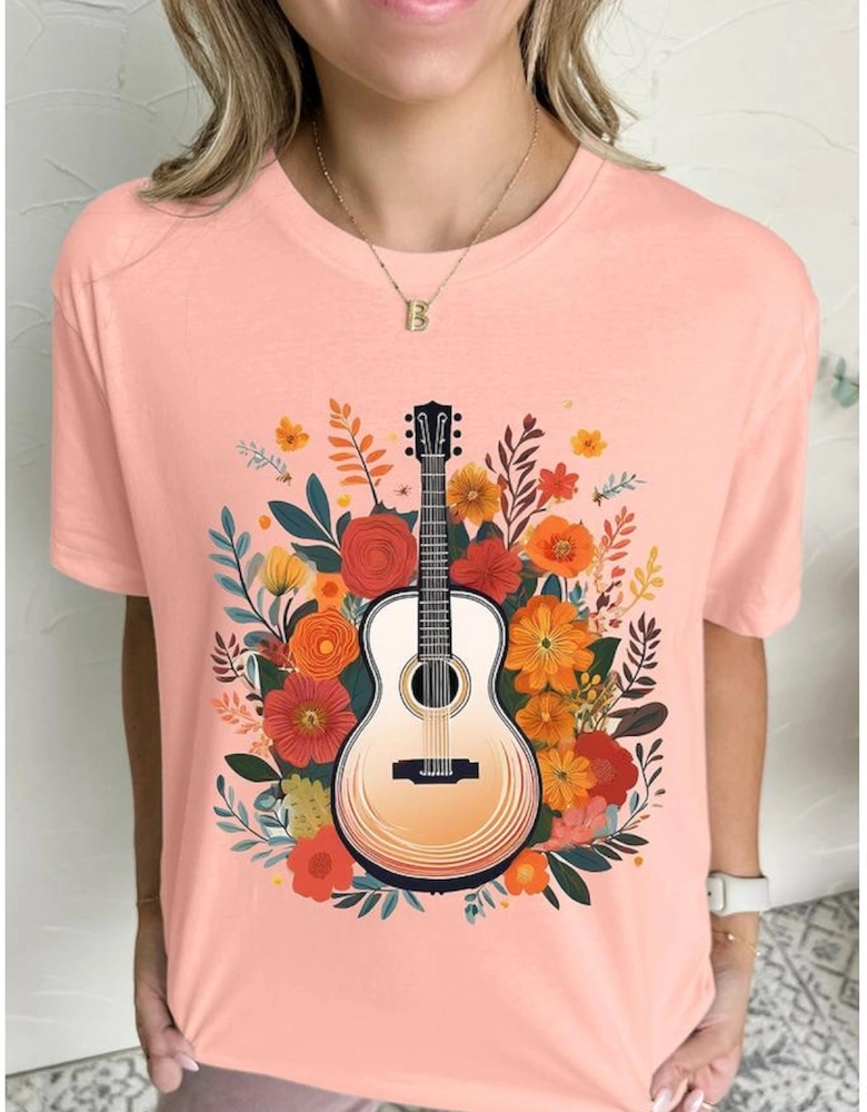 Pink Guitar Flower Print Crew Neck Loose T Shirt