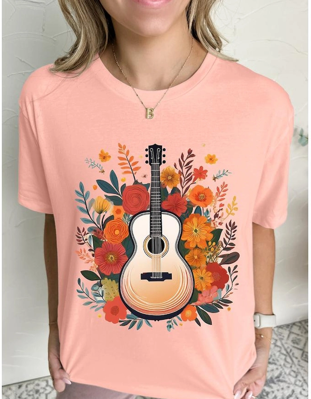 Pink Guitar Flower Print Crew Neck Loose T Shirt