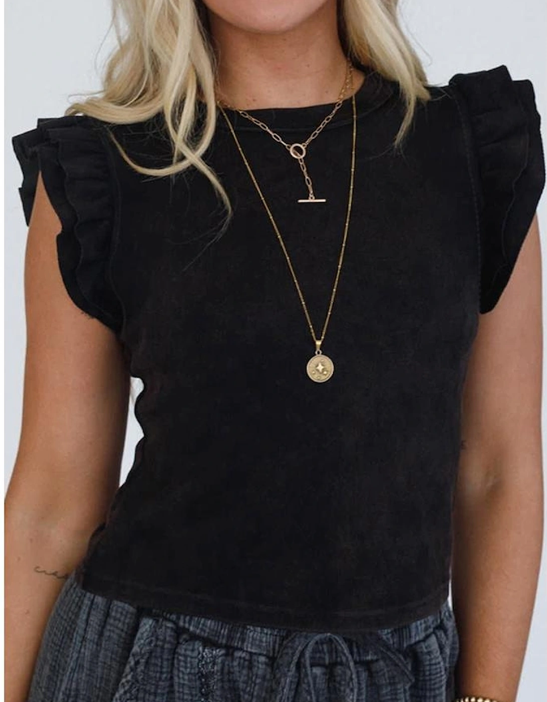 Black Ruffled Crew Neck Slim Fit Top