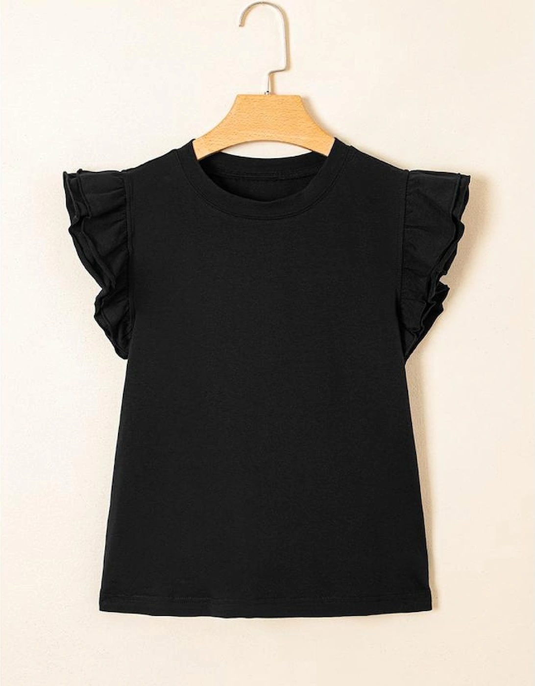 Black Ruffled Crew Neck Slim Fit Top