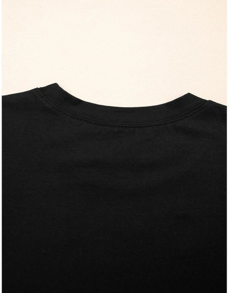 Black Ruffled Crew Neck Slim Fit Top