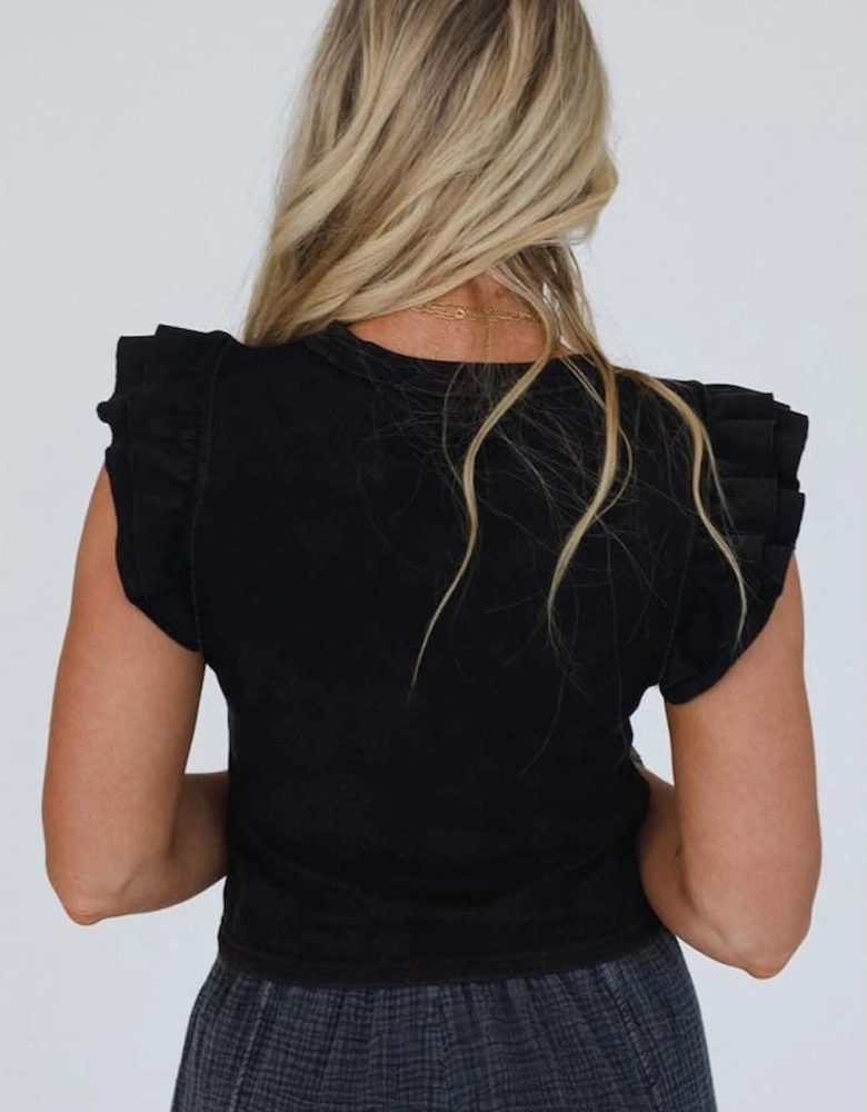 Black Ruffled Crew Neck Slim Fit Top