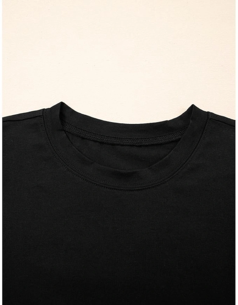 Black Ruffled Crew Neck Slim Fit Top