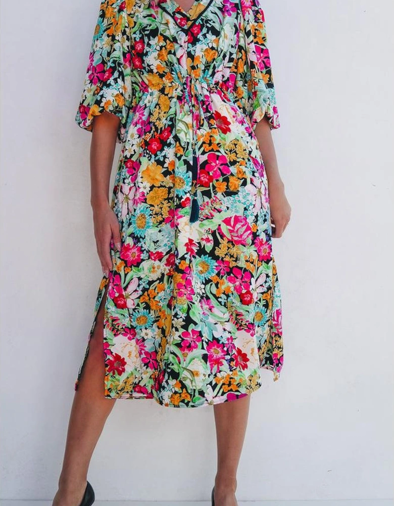 Green Floral Puff Sleeve V Neck Tassel Drawstring Dress