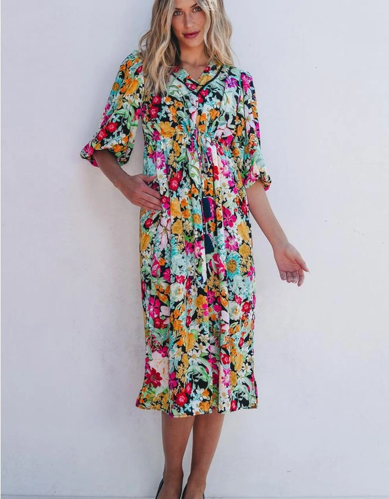 Green Floral Puff Sleeve V Neck Tassel Drawstring Dress