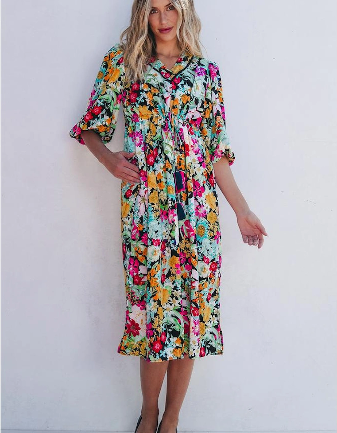 Green Floral Puff Sleeve V Neck Tassel Drawstring Dress