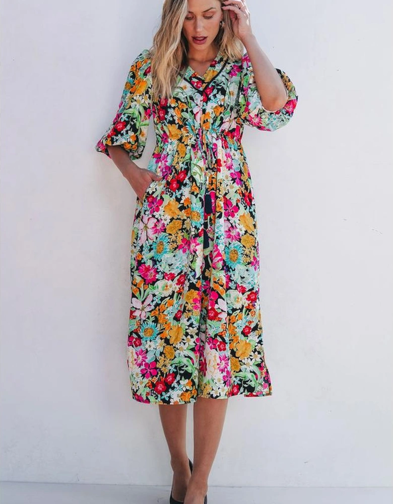 Green Floral Puff Sleeve V Neck Tassel Drawstring Dress