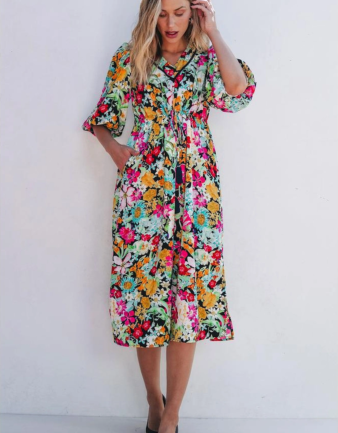 Green Floral Puff Sleeve V Neck Tassel Drawstring Dress