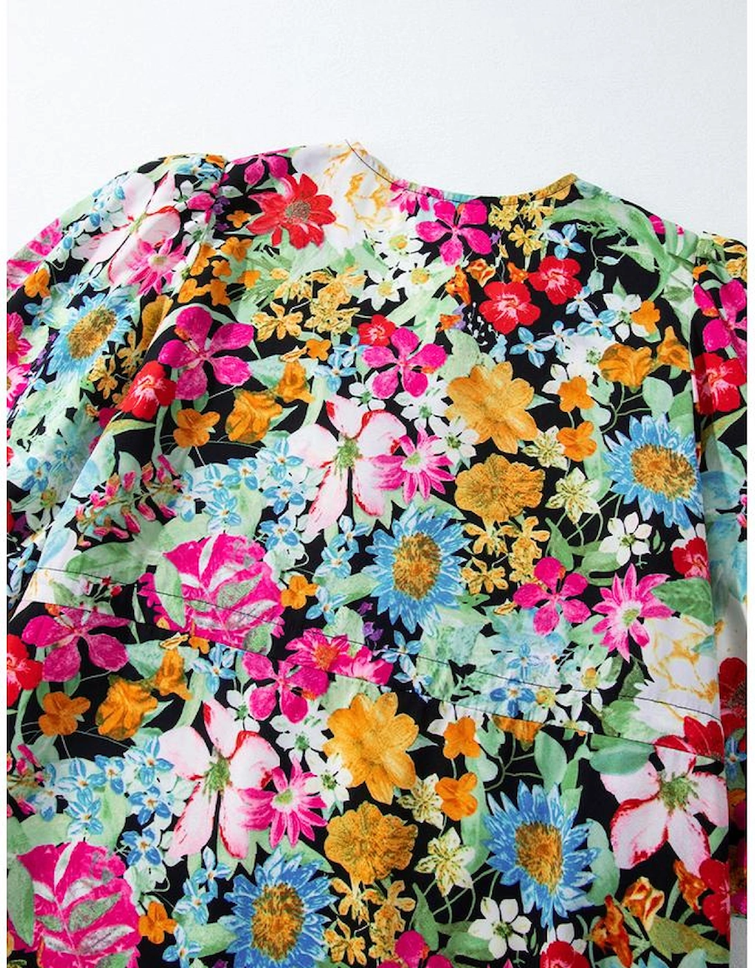 Green Floral Puff Sleeve V Neck Tassel Drawstring Dress