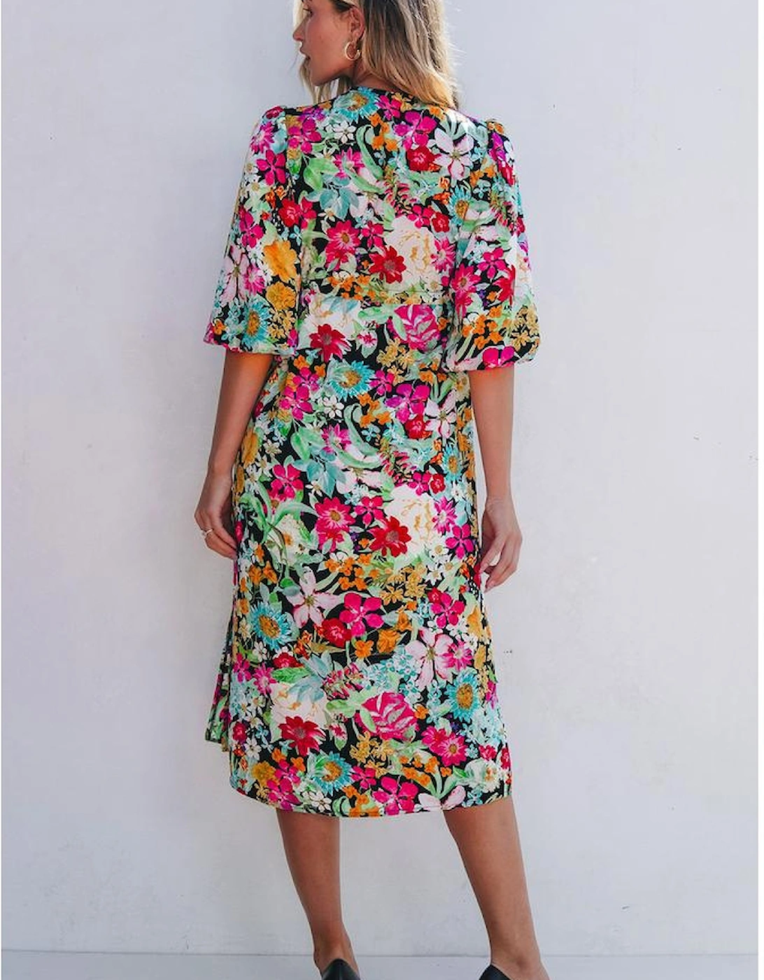 Green Floral Puff Sleeve V Neck Tassel Drawstring Dress