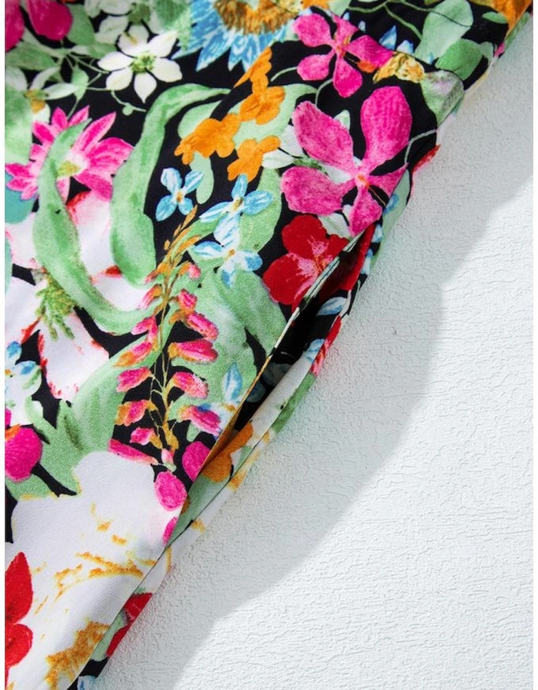 Green Floral Puff Sleeve V Neck Tassel Drawstring Dress