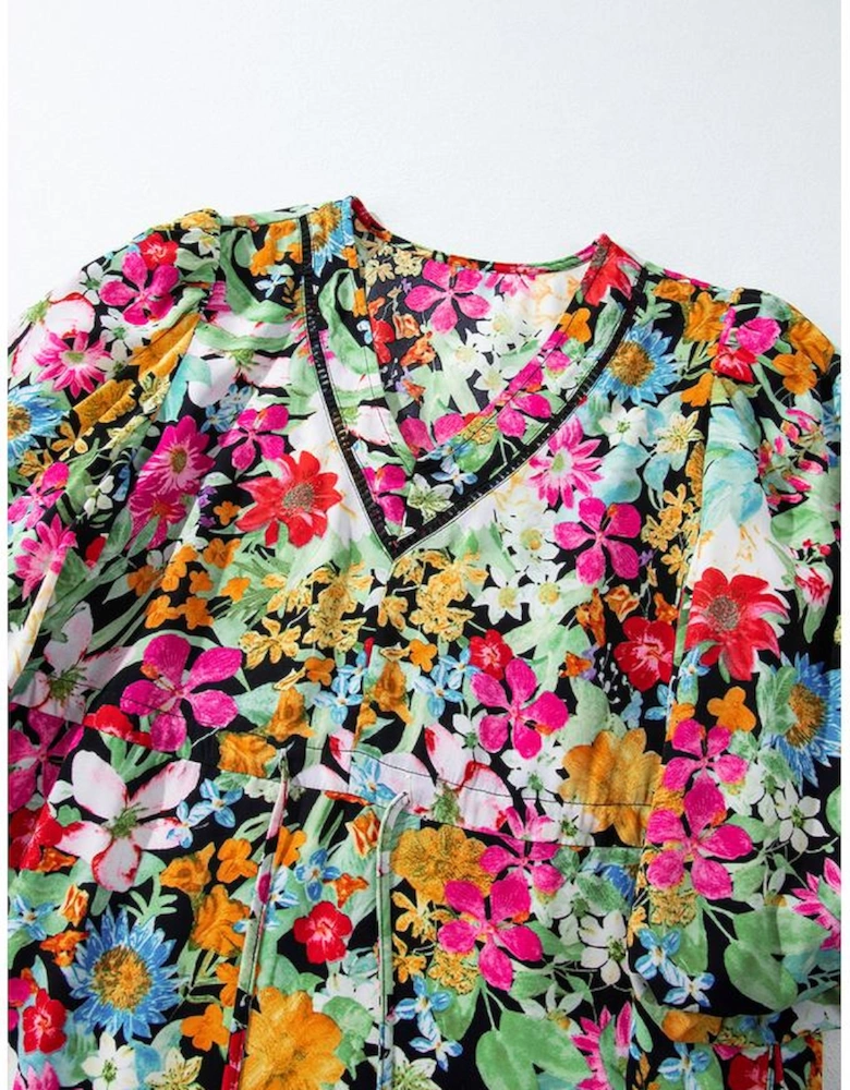 Green Floral Puff Sleeve V Neck Tassel Drawstring Dress