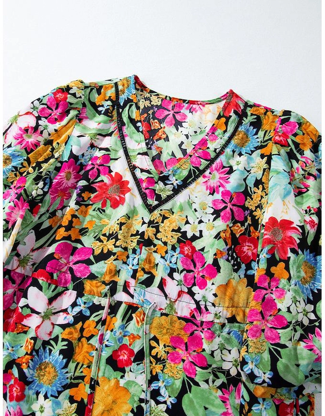 Green Floral Puff Sleeve V Neck Tassel Drawstring Dress