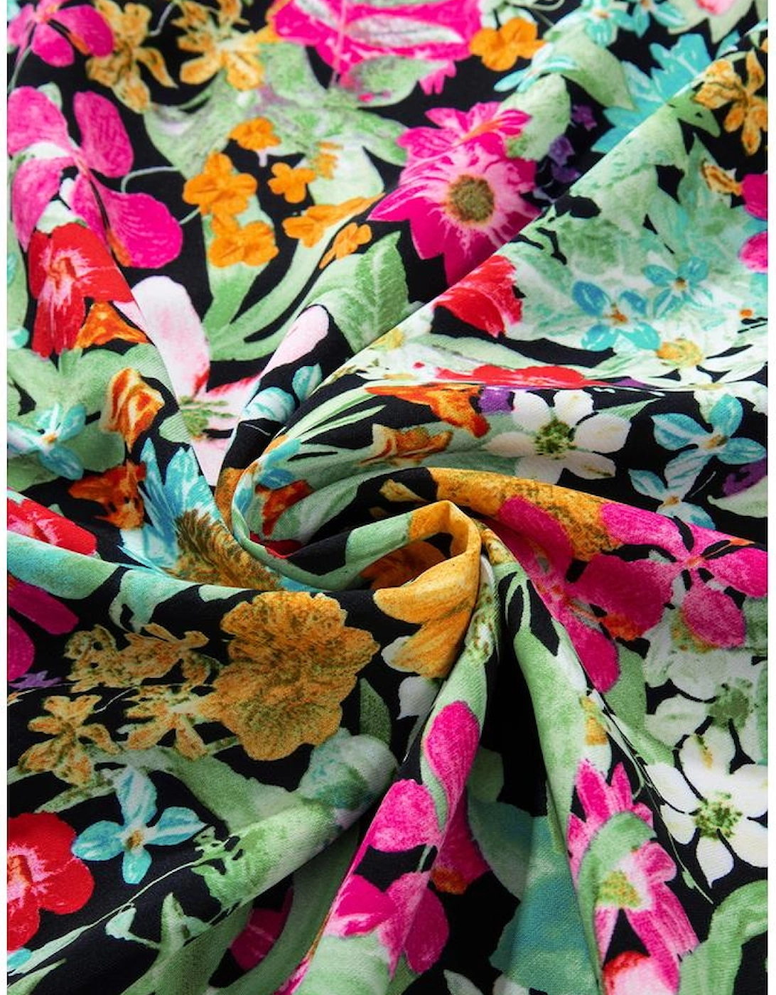 Green Floral Puff Sleeve V Neck Tassel Drawstring Dress