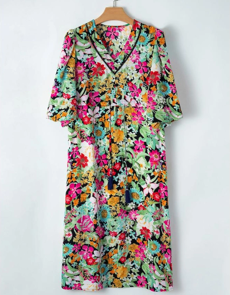 Green Floral Puff Sleeve V Neck Tassel Drawstring Dress