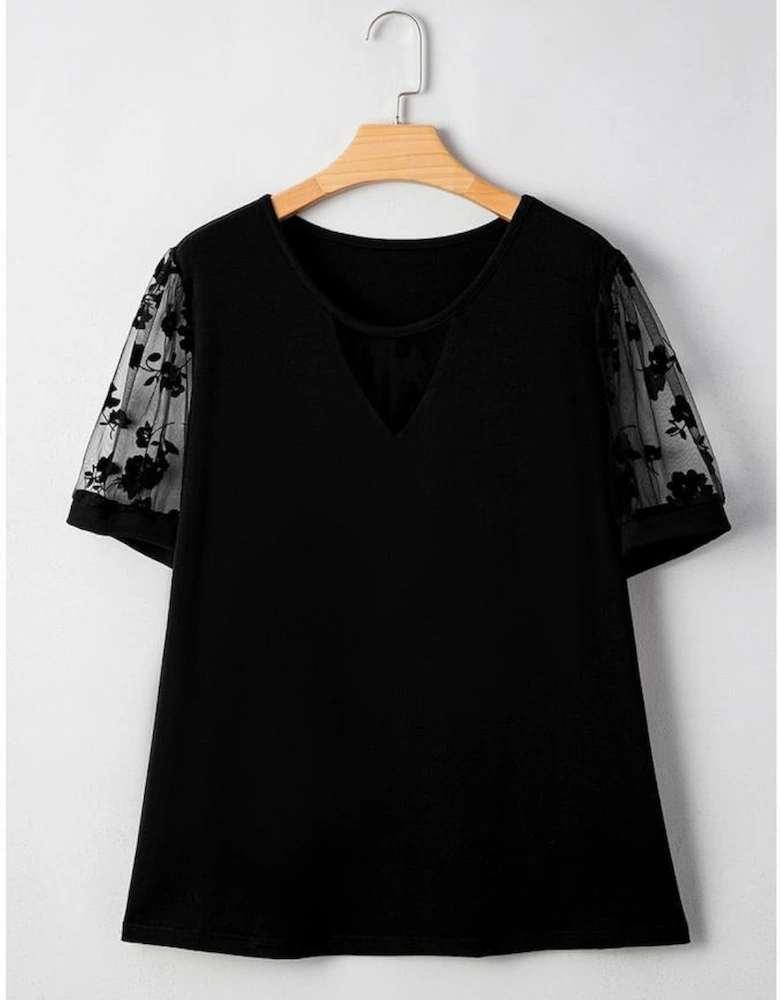 Black Floral Mesh Patchwork Loose V Neck Plus Size T Shirt