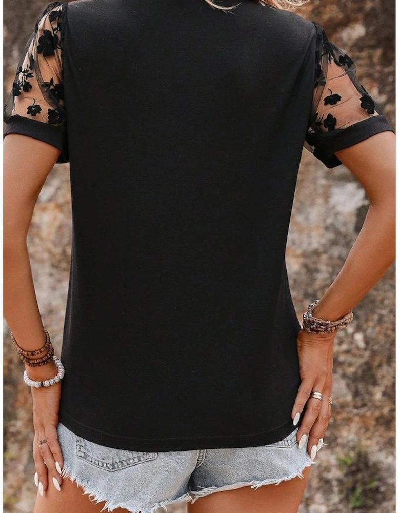 Black Floral Mesh Patchwork Loose V Neck Plus Size T Shirt