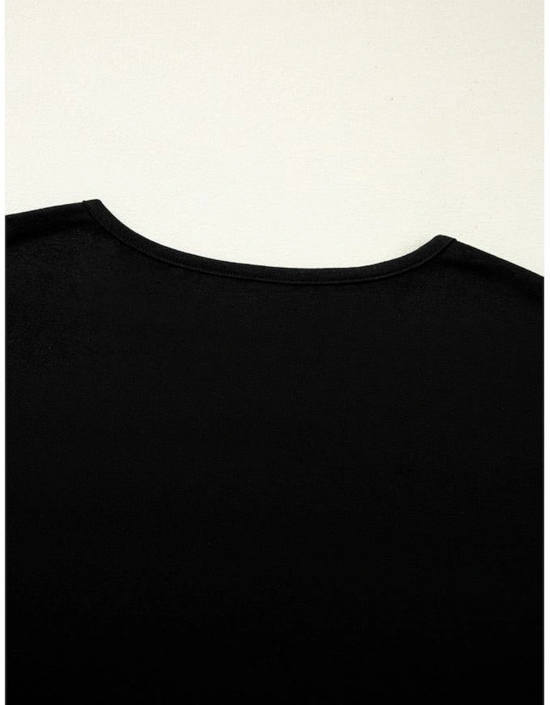 Black Floral Mesh Patchwork Loose V Neck Plus Size T Shirt