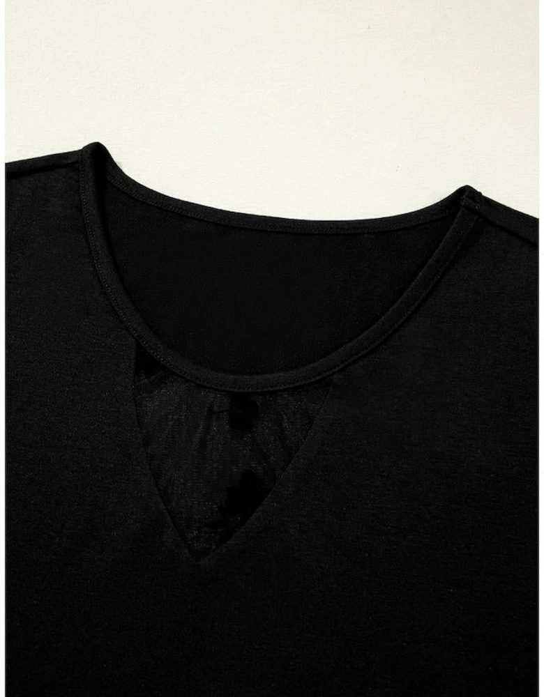 Black Floral Mesh Patchwork Loose V Neck Plus Size T Shirt