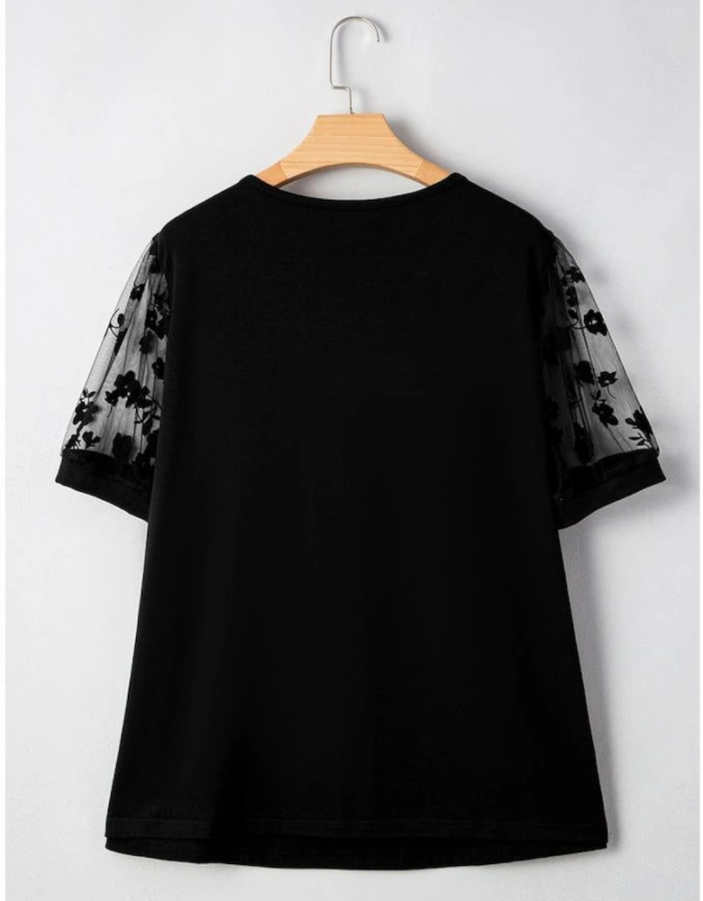Black Floral Mesh Patchwork Loose V Neck Plus Size T Shirt